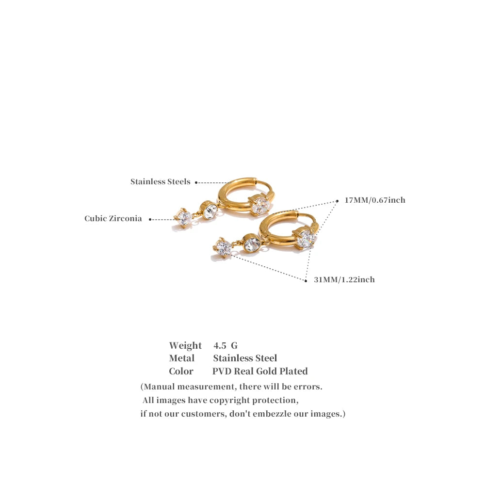 Shiny Cubic Zirconia Drop Earrings — 18K Gold-Plated Stainless Steel | Gold & Platinum