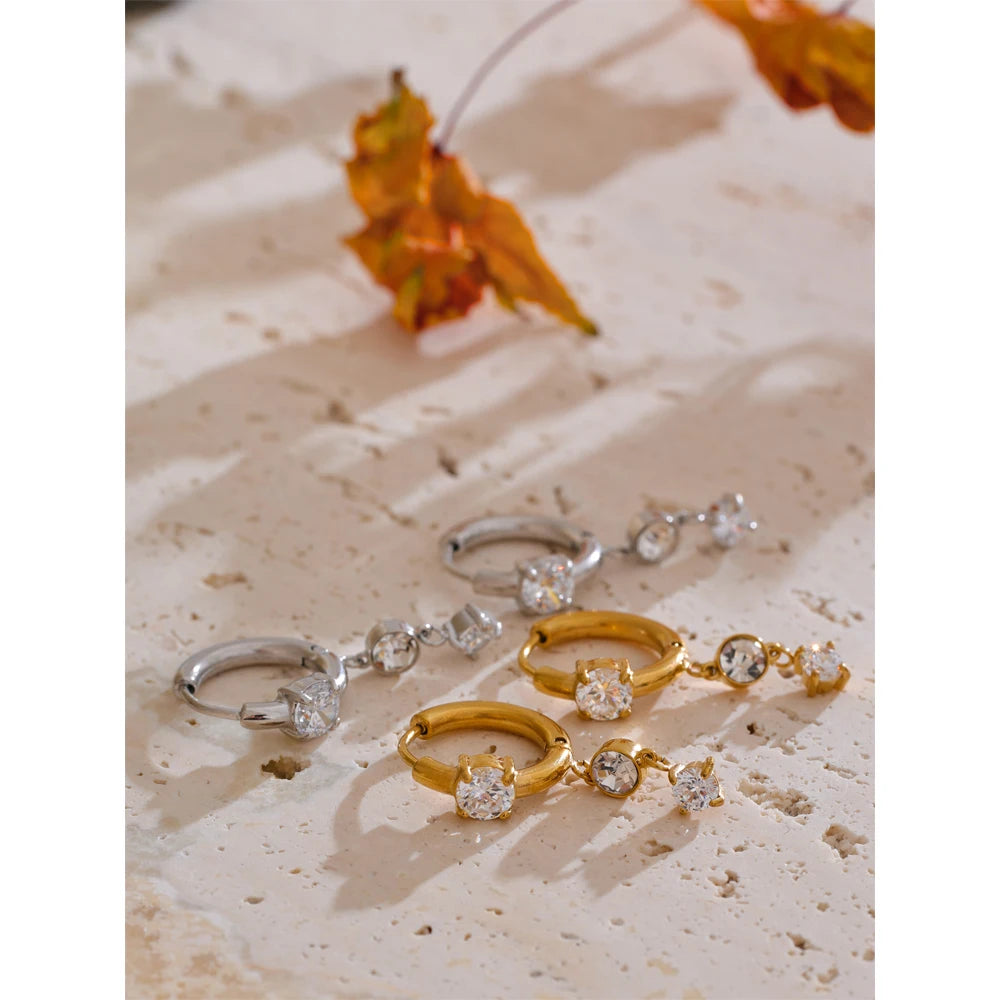 Shiny Cubic Zirconia Drop Earrings — 18K Gold-Plated Stainless Steel | Gold & Platinum