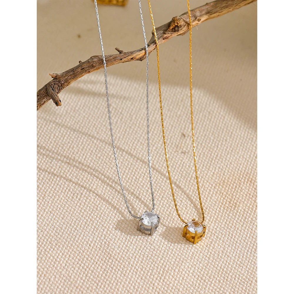 Cubic Zirconia Pendant Necklace — 18K Gold-Plated Stainless Steel | Waterproof