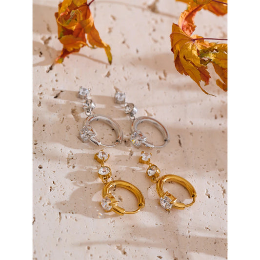 Shiny Cubic Zirconia Drop Earrings — 18K Gold-Plated Stainless Steel | Gold & Platinum