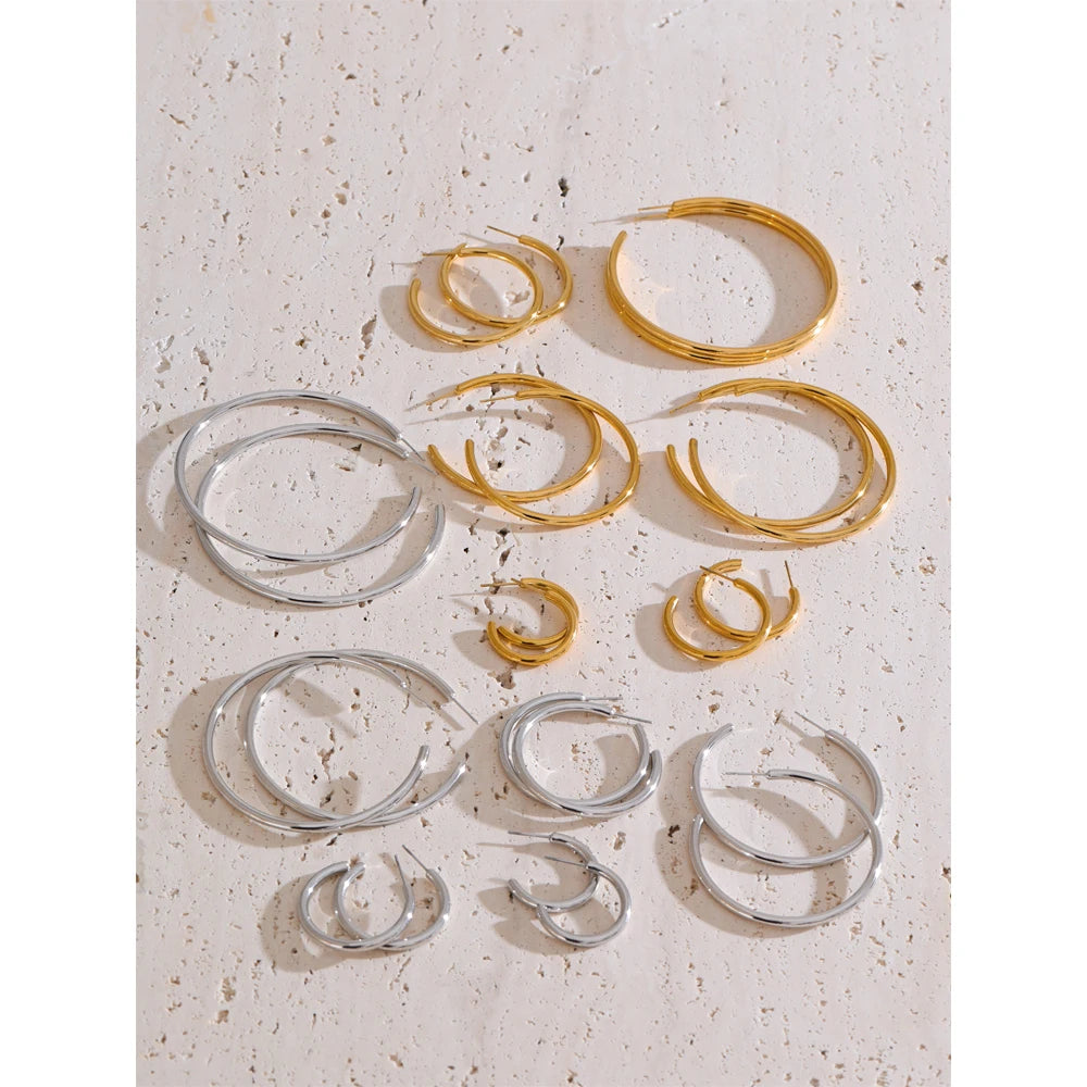18K Gold-Plated Minimalist Hoop Earrings — Waterproof Stainless Steel | 25–70mm