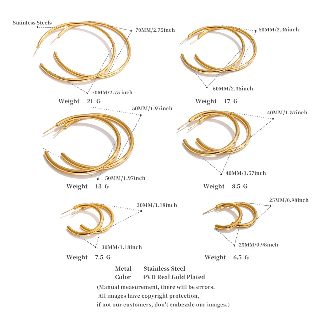 18K Gold-Plated Minimalist Hoop Earrings — Waterproof Stainless Steel | 25–70mm