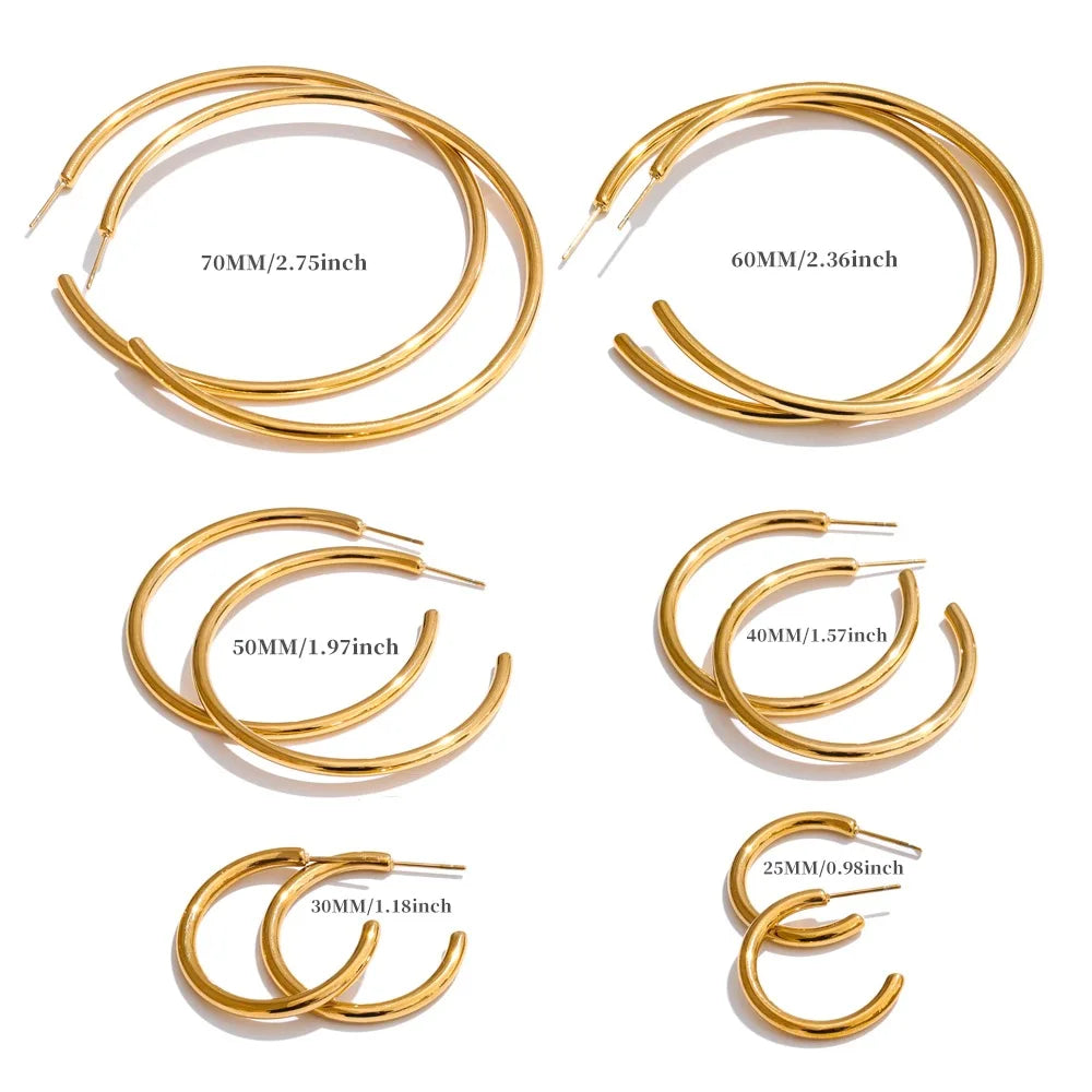 18K Gold-Plated Minimalist Hoop Earrings — Waterproof Stainless Steel | 25–70mm