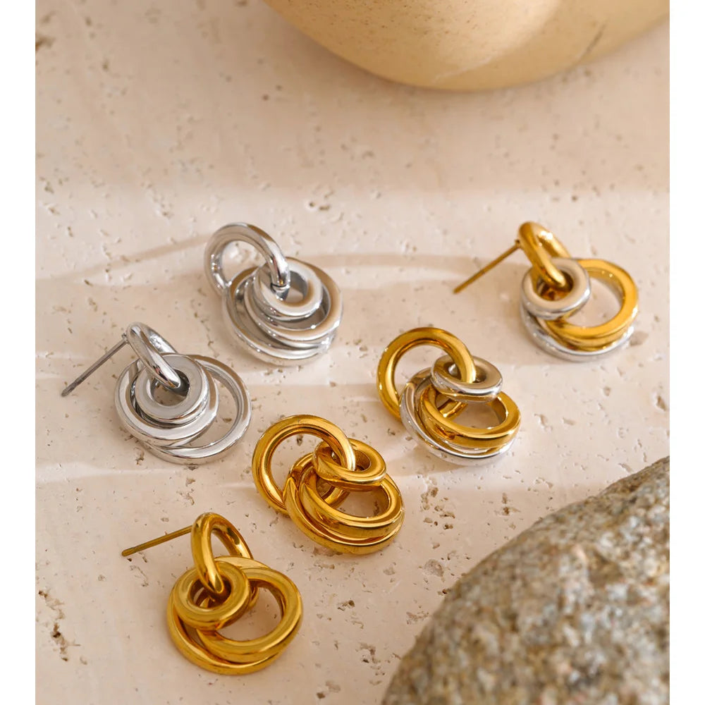 Multi-Circle Drop Earrings — 18K Gold-Plated Stainless Steel | Gold, Platinum & Mix