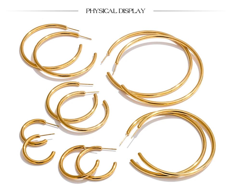 18K Gold-Plated Minimalist Hoop Earrings — Waterproof Stainless Steel | 25–70mm