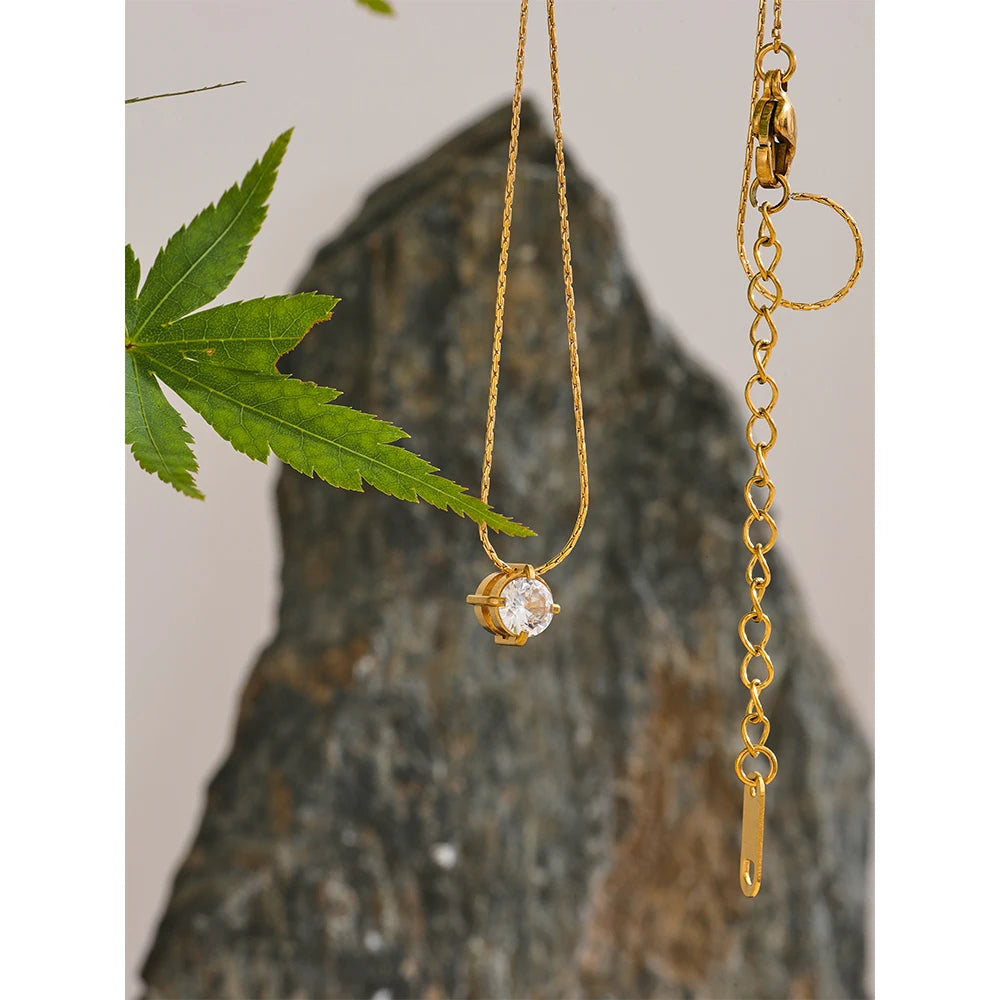 Cubic Zirconia Pendant Necklace — 18K Gold-Plated Stainless Steel | Waterproof
